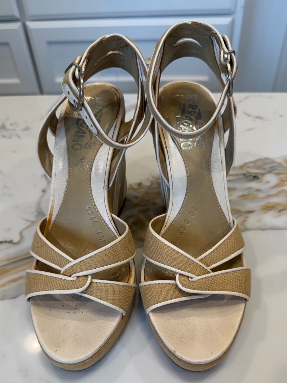 Salvatore Ferragamo Wedge Sandals Canvas Beige Ankle Strap Size 6.5
